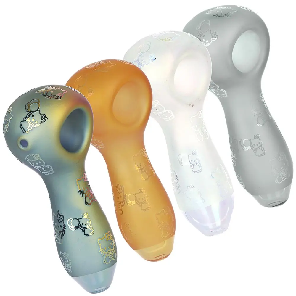4Ct Bundle - Hiya Cat Electroplated Etched Glass Spoon Pipe - 4" / Assorted Colors 1