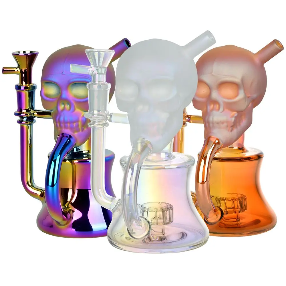 Solemn Skull Electroplated Glass Recycler - 6.75" / 14Mm F / Colors Vary 1