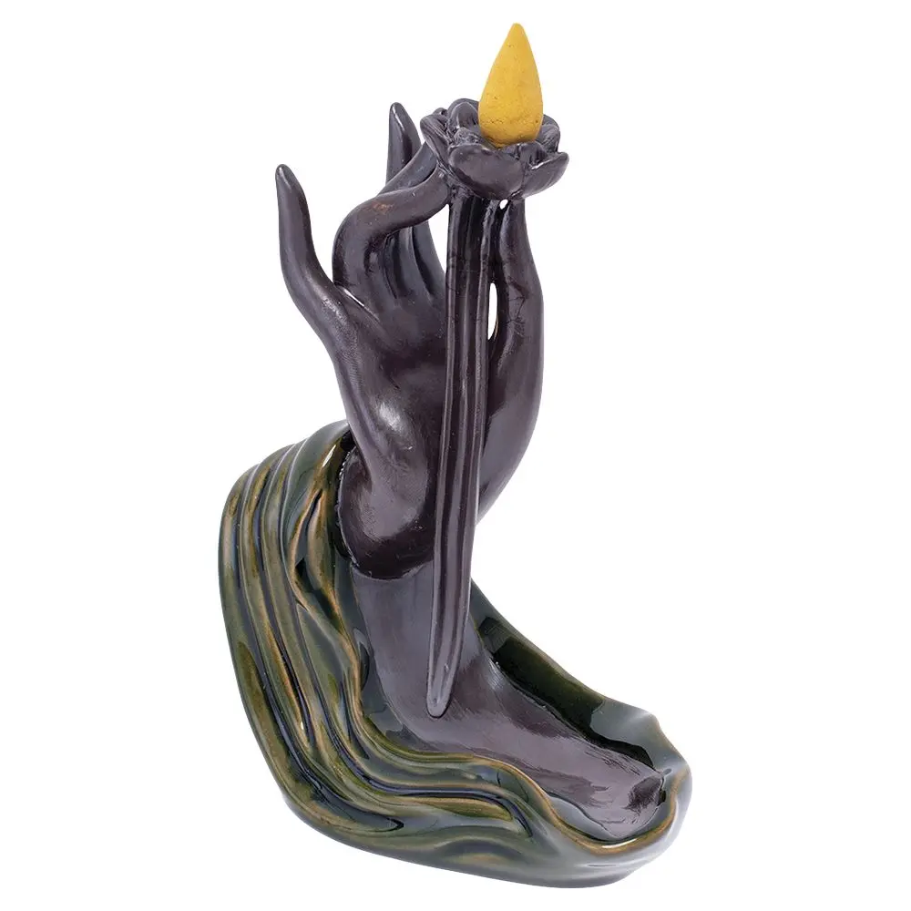 Fujima Hand With Lotus Backflow Cone Incense Burner - 6.5" 1
