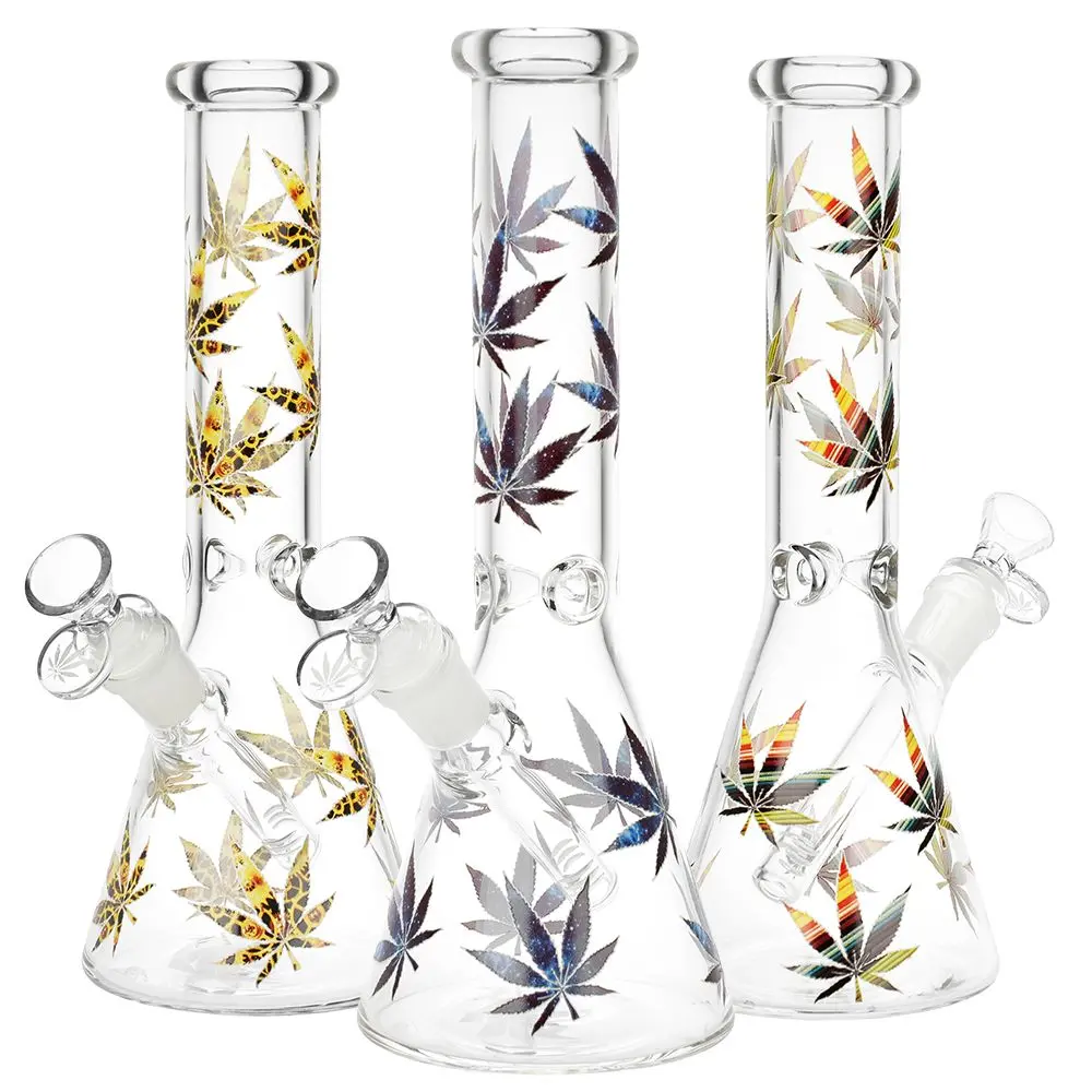 Stylized Hemp Leaf Glow In Dark Glass Water Pipe - 10" / 14Mm F / Colors Vary 1