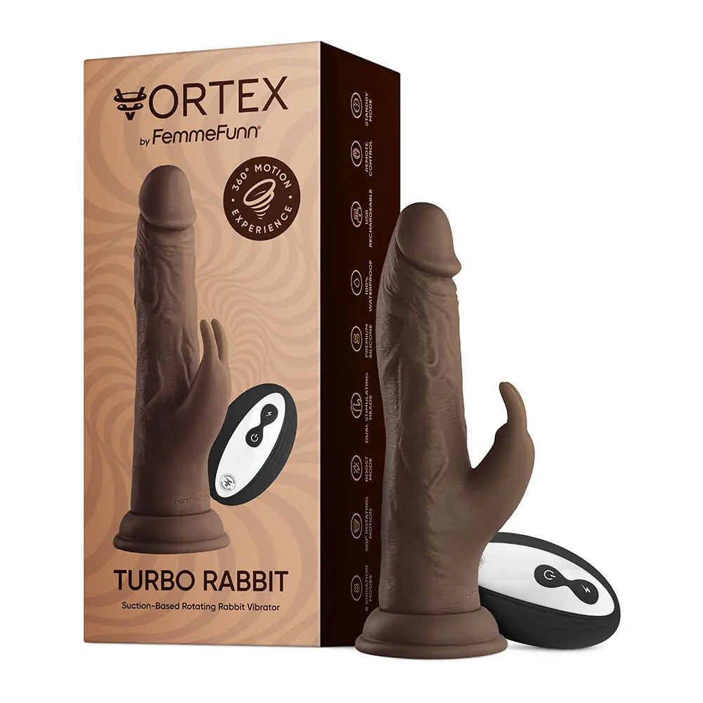 Femmefunn Vortex Turbo Rabbit 2.0 8 In. Dual Stimulation Vibrating Dildo Brown 1