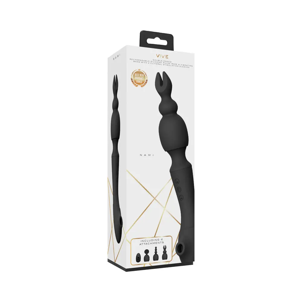 Vive Nami Dual-Ended Pulse Wave & Vibrating Wand With Interchangeable Sleeves Black 1