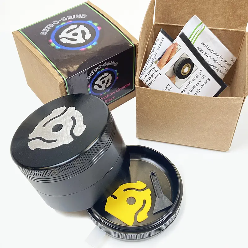 Led Light Show Herb Grinder ~ Magnetic Lid, 4 Pieces With Screen Catcher, Let Our Fun 2.5" Black Retro-Grind Light Up Your Daily Grind! 1
