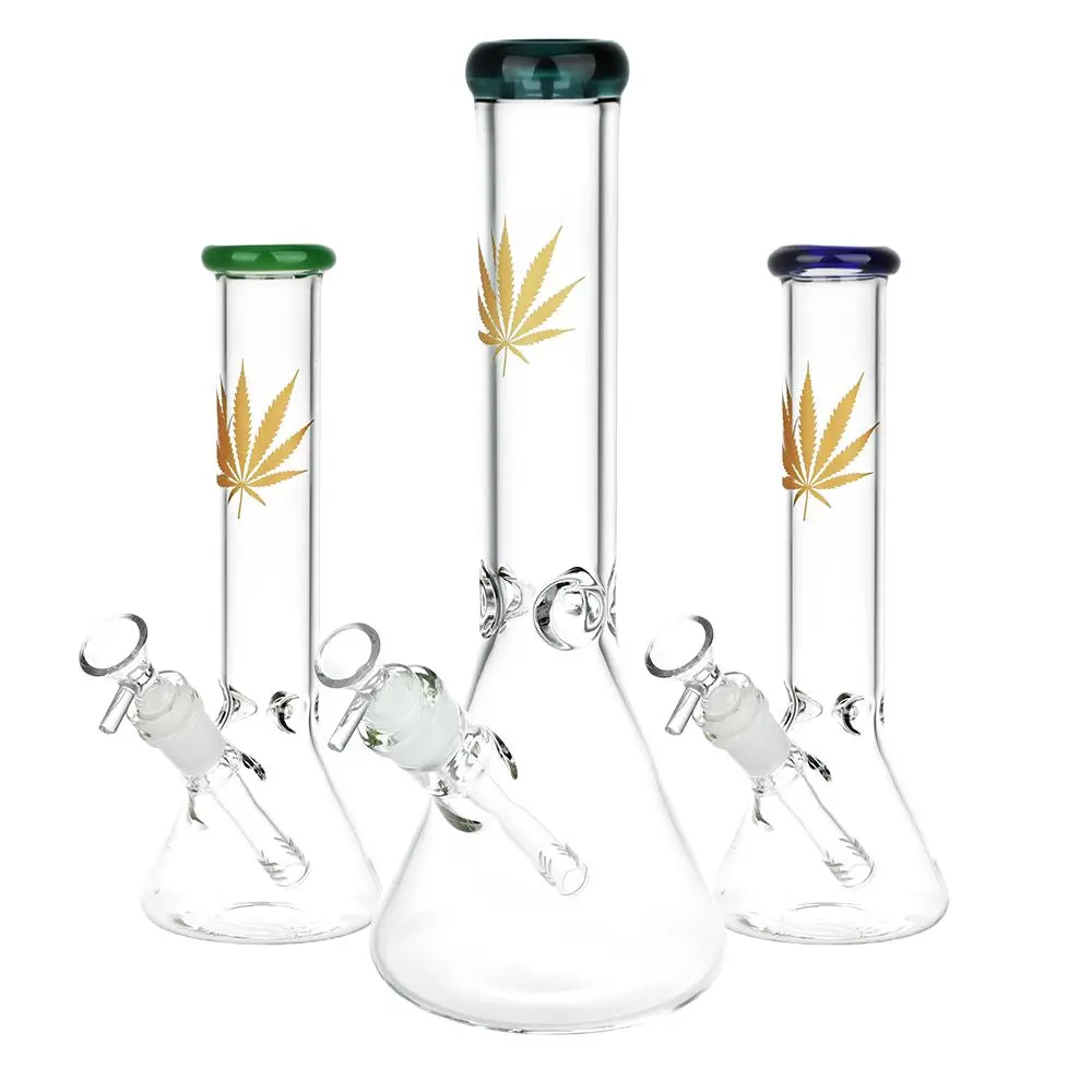 Gold Hemp Leaf Glass Beaker Water Pipe | 14Mm F | Colors Vary 1