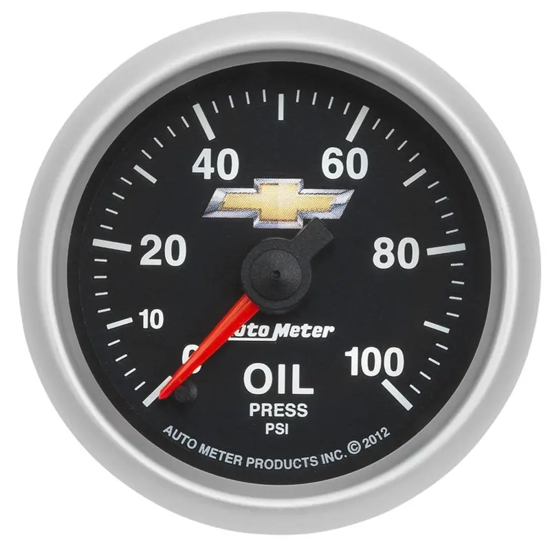 Autometer Digital Oil Pressure Gauge – 2-1/16", 100 Psi, Stepper Motor, Chevy Gold Bowtie Face 1