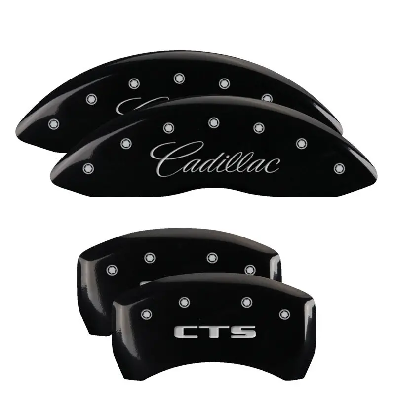 Mgp Engraved 4-Piston Caliper Covers For Cadillac Cts – Front: Cursive Script, Rear: Bold Cts Logo, Black Base W/ Silver Chrome Accents 1