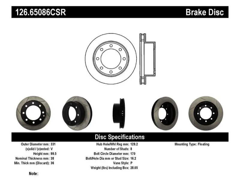 Stoptech Power Slot Cryo-Treated Slotted Brake Rotor – Front Right, Fits 2000–2005 Ford Excursion & 1999–2004 F250/F350 1