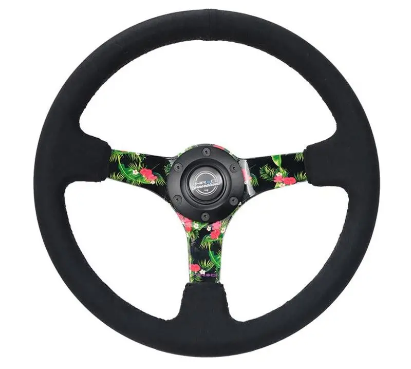 Nrg Reinforced 350Mm Steering Wheel – 3-Inch Depth, Black Suede Grip With 5Mm Floral 3-Spoke Center 1