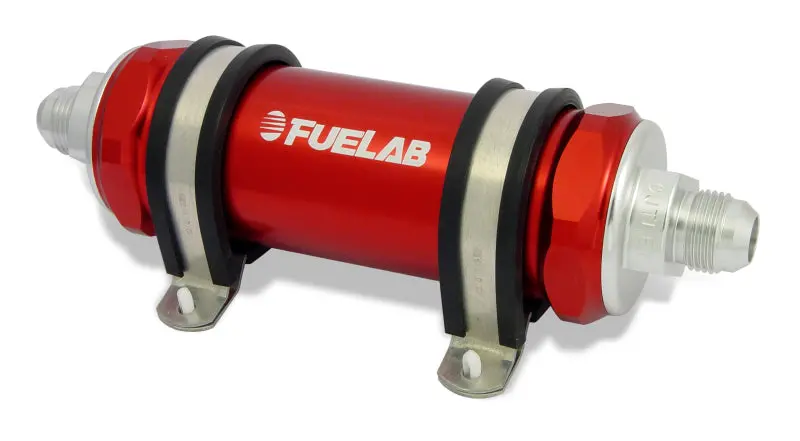 Fuelab Inline Fuel Filter – Long Body, -8An In/Out, 6-Micron Fiberglass W/ Integrated Check Valve (Red) 1